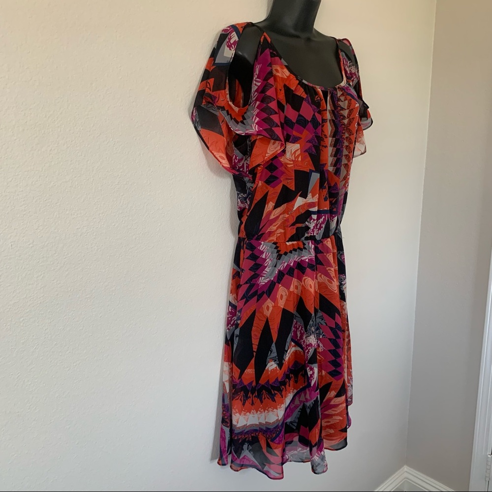MSK Multicolor Geometric Tribal Print Cold Shoulder Fit and Flare Dress - Picture 4 of 9